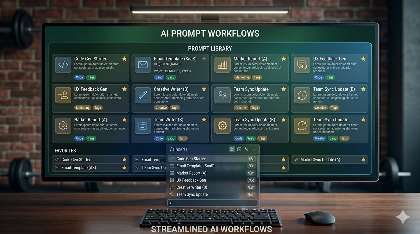 Editorial mockup of a prompt library and slash command prompt insertion flow